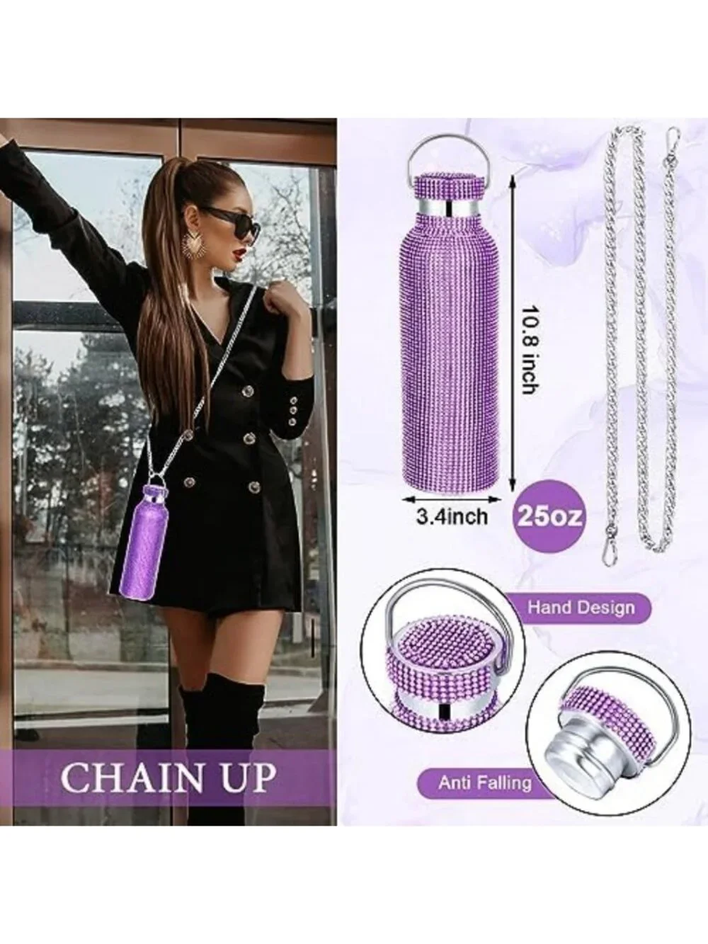 3 Pcs Purple Rhinestone Insulated Stainless Steel Tumbler Set - Stylish